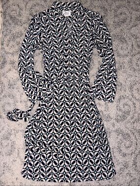 DM Collection Blue and White Geometric Long Sleeve Shirt Dress with Teal Dots